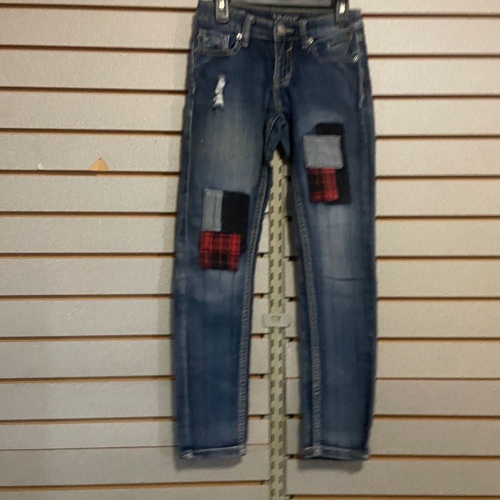 Vigoss Jeans Girls Size 10 Distressed Patchwork Skinny Denim Blue Red Plaid